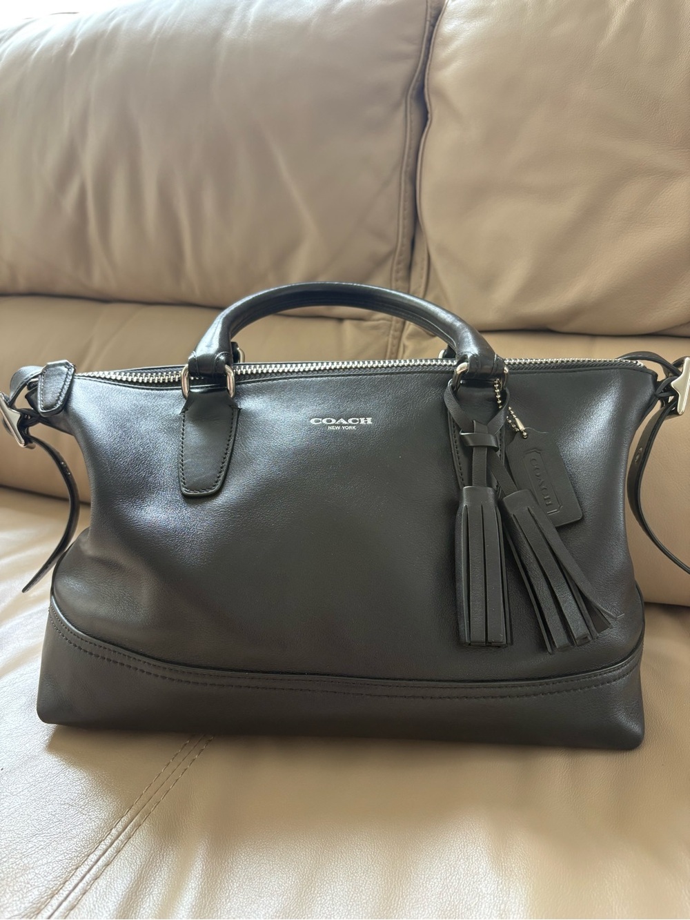 Coach Black Leather Molly East West Satchel Bag with Distinctive Tassel Charm